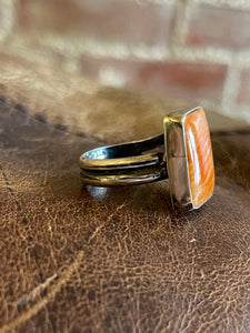 EMT Signed Native American Orange Spiny Oyster Rectangle Sterling Silver Ring, Size 7