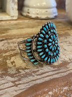 Vintage Navajo JMB Signed Sterling Silver Cuff Bracelet with 74 Turquoise Stones