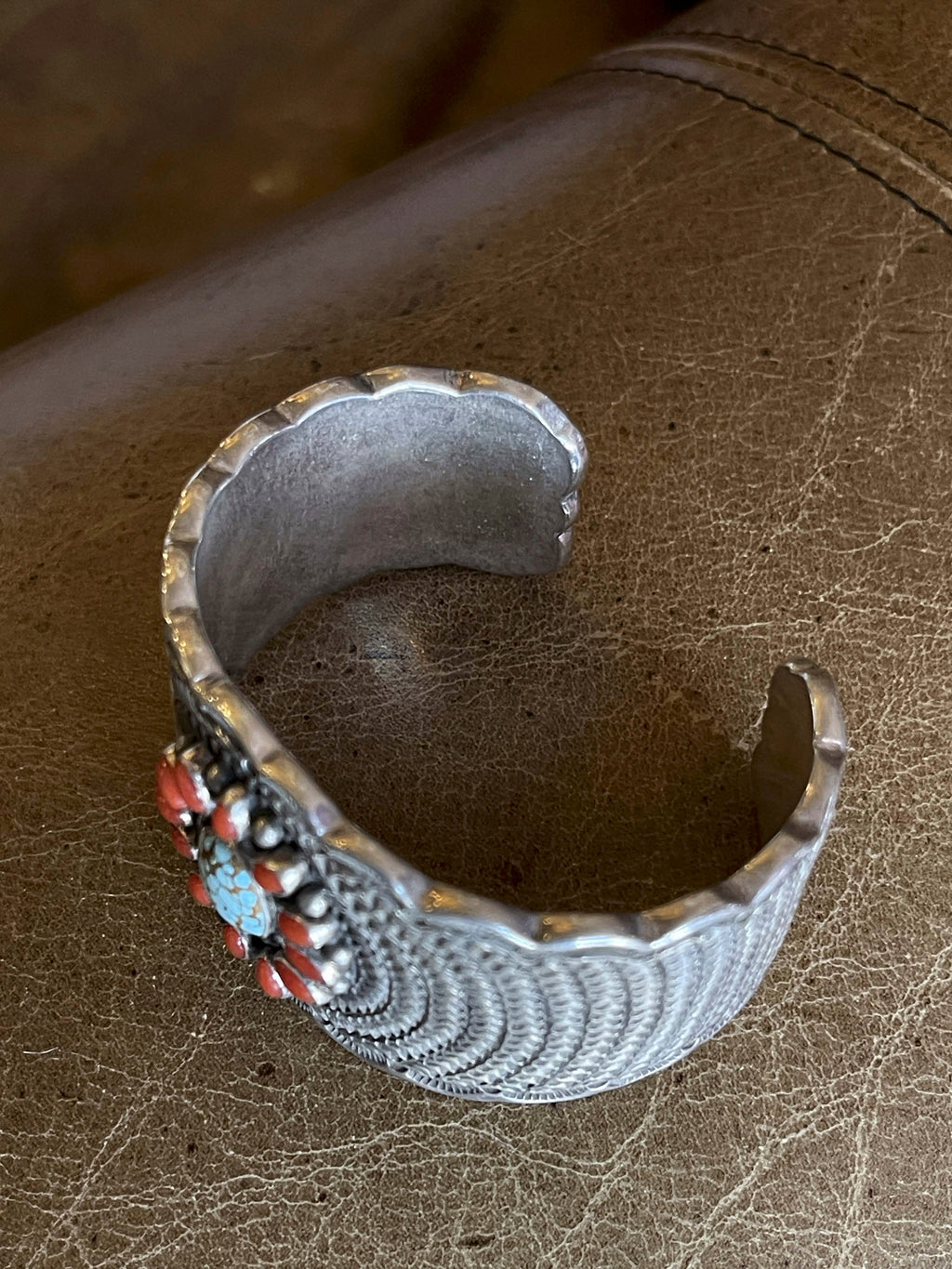 Native American Navajo Handcrafted Sterling Silver Cuff Bracelet with Red Coral and Turquoise