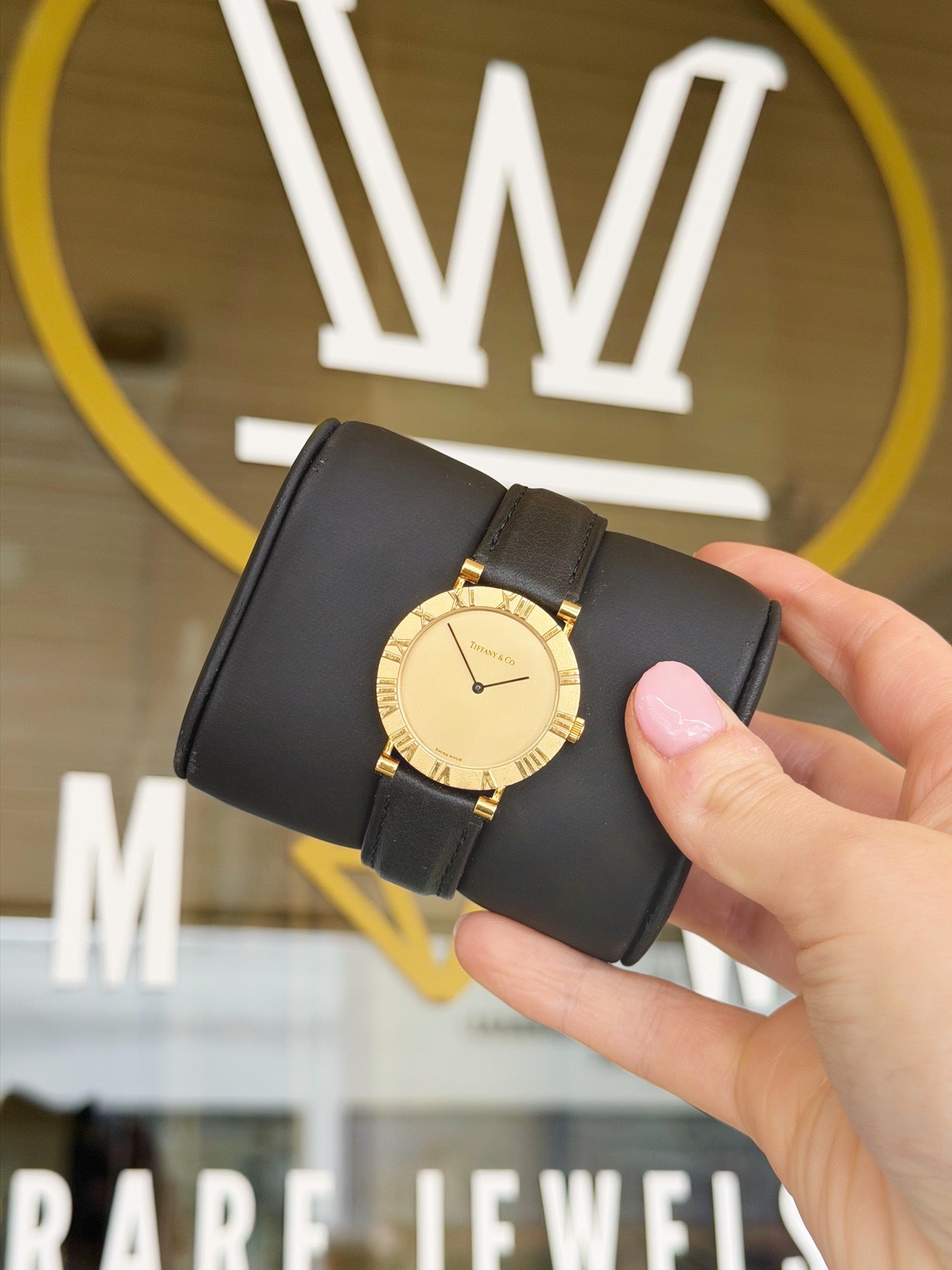 Tiffany & Co. Solid 18K Gold Dress Watch on Noir Leather