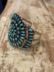 Vintage Navajo JMB Signed Sterling Silver Cuff Bracelet with 74 Turquoise Stones