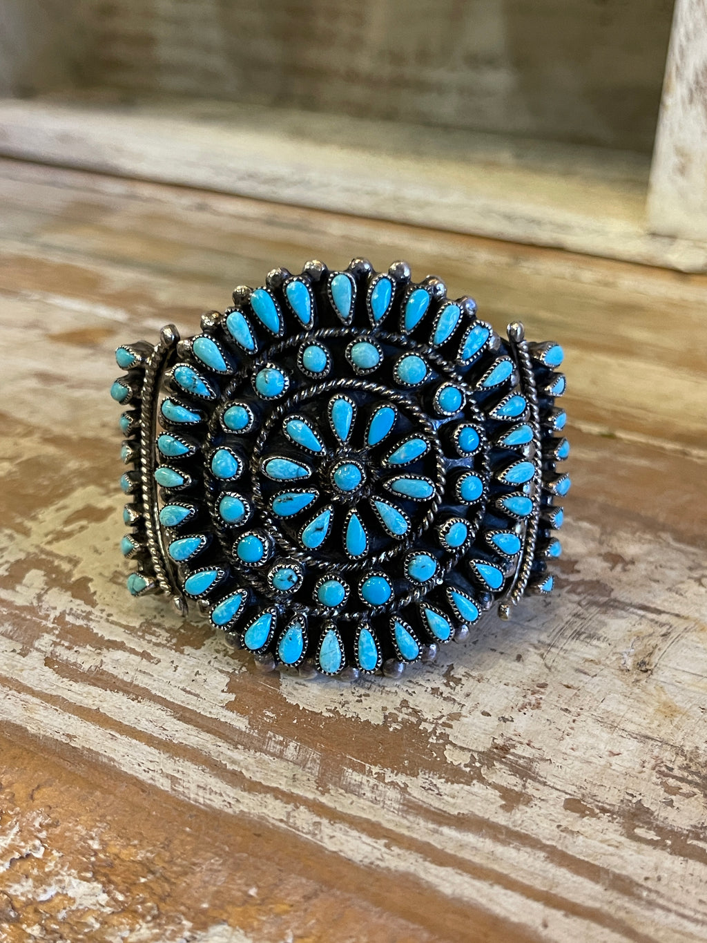 Vintage Navajo JMB Signed Sterling Silver Cuff Bracelet with 74 Turquoise Stones