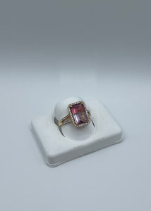 18k Yellow Gold Pink and Lavender Bi-Color Tourmaline & Diamond Ring, Size 7