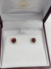 Load image into Gallery viewer, 14K Yellow Gold Checkerboard-Cut Red Garnet Studs
