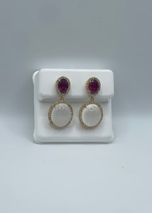 10k Yellow Gold Garnet, Moonstone, and Diamond Dangle Earrings