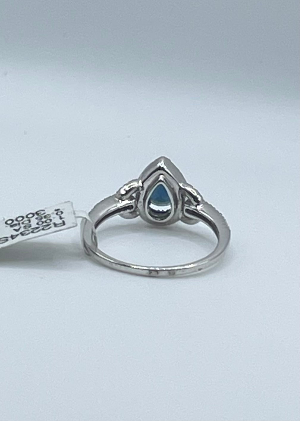 14k White Gold Pear Shape Sapphire and Diamond Halo Ring