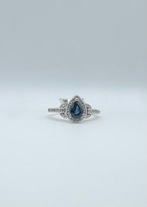 14k White Gold Pear Shape Sapphire and Diamond Halo Ring