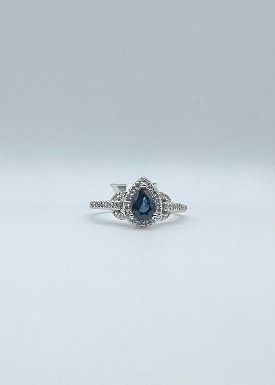 14k White Gold Pear Shape Sapphire and Diamond Halo Ring