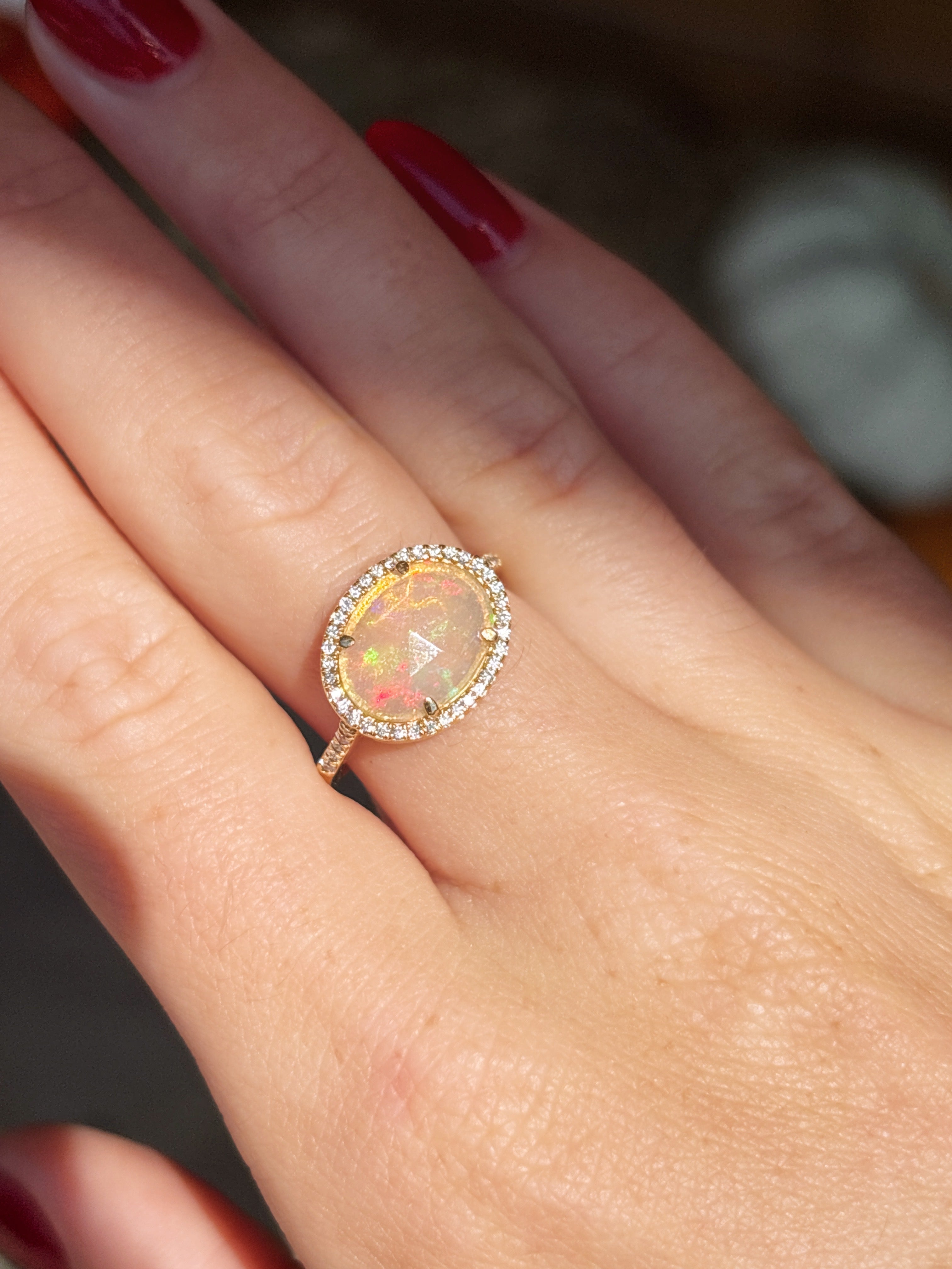 18K Yellow Gold Opal and Diamond Halo Ring