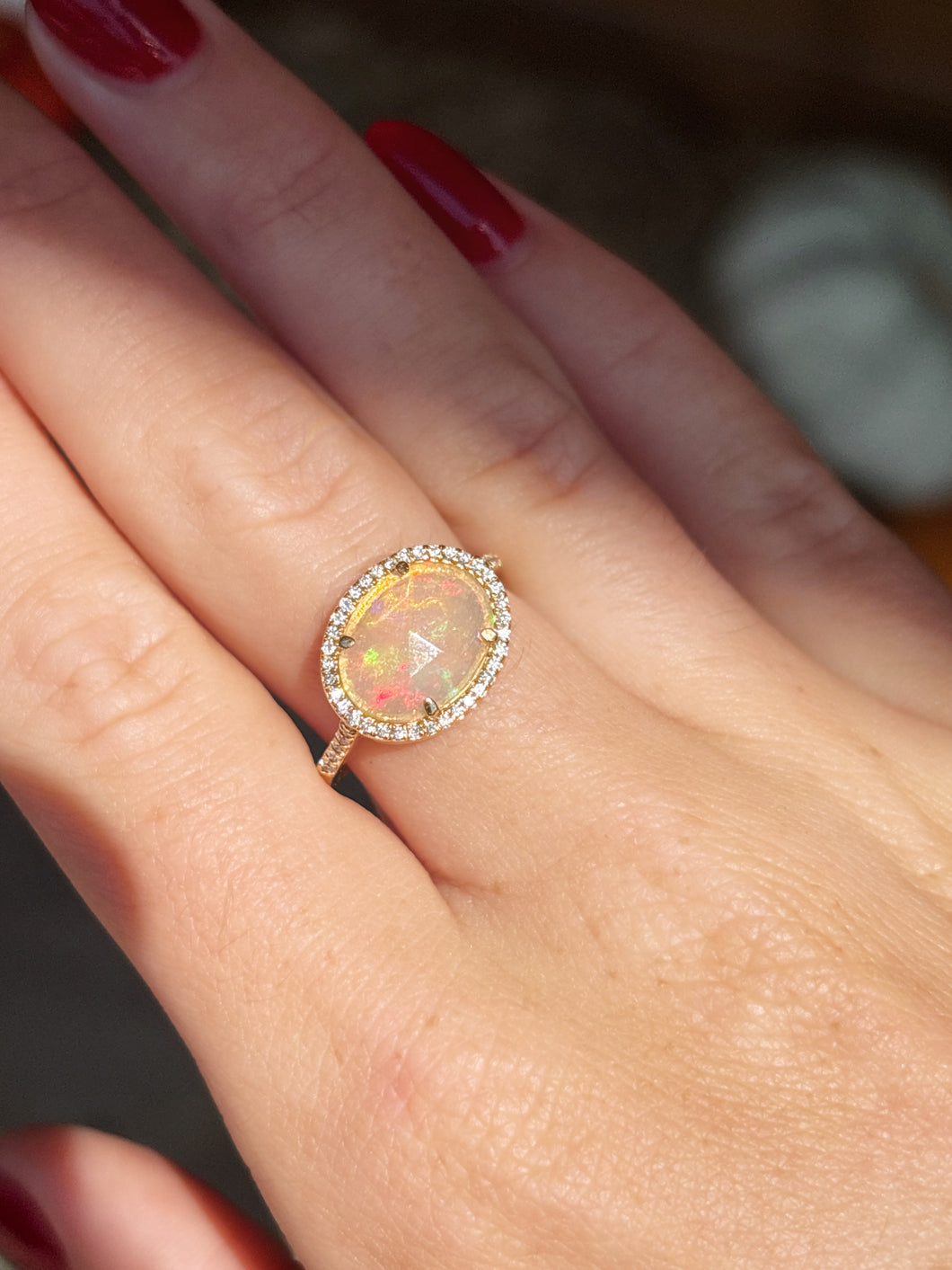 18K Yellow Gold Opal and Diamond Halo Ring