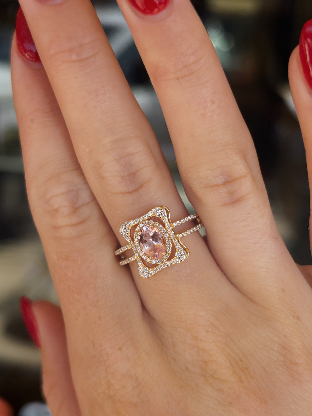 18K Yellow Gold Morganite and Diamond Double Band Halo Ring