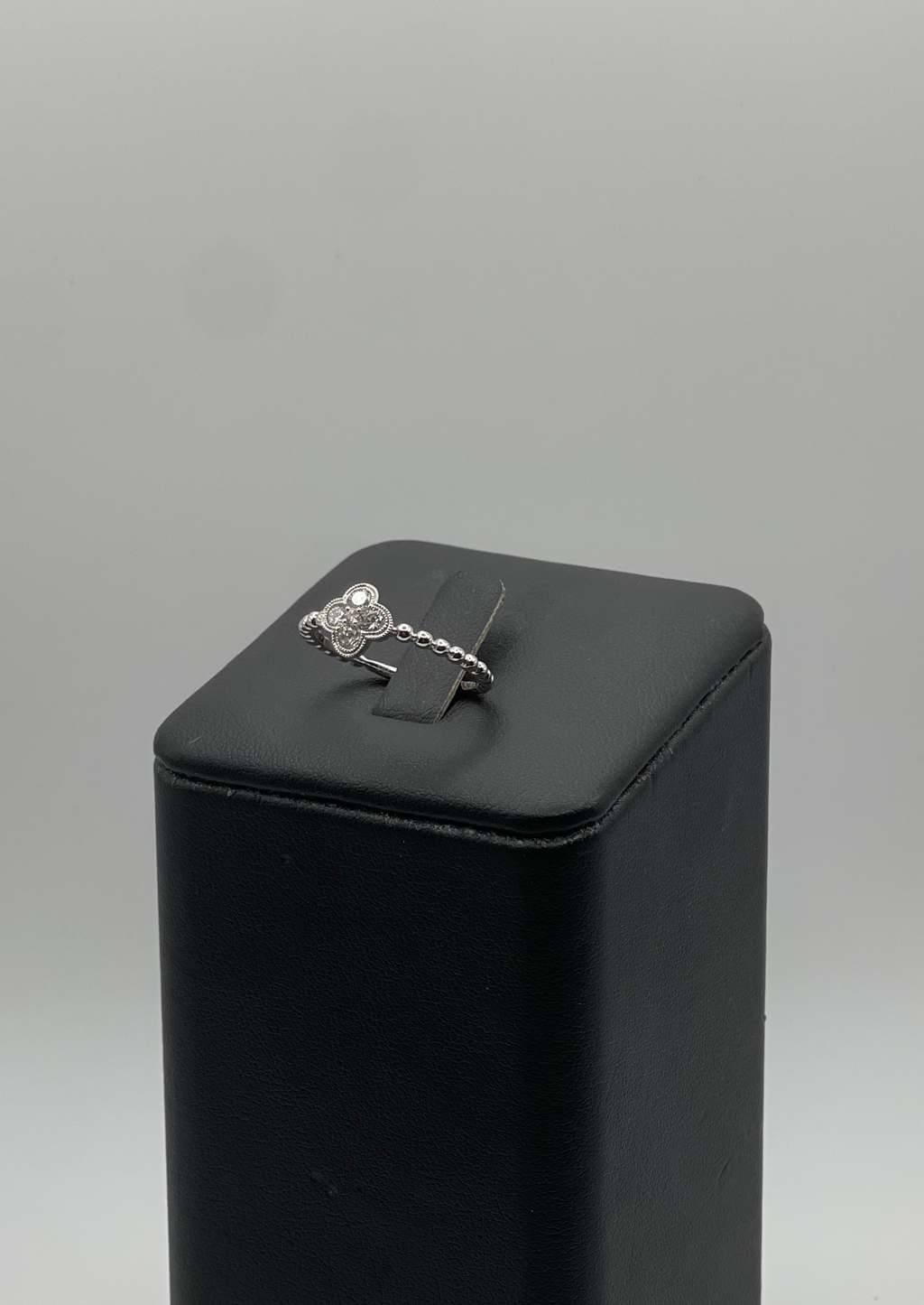 14k White Gold Diamond Quatrefoil Ring - Beaded Band Design with Intricate Detailing