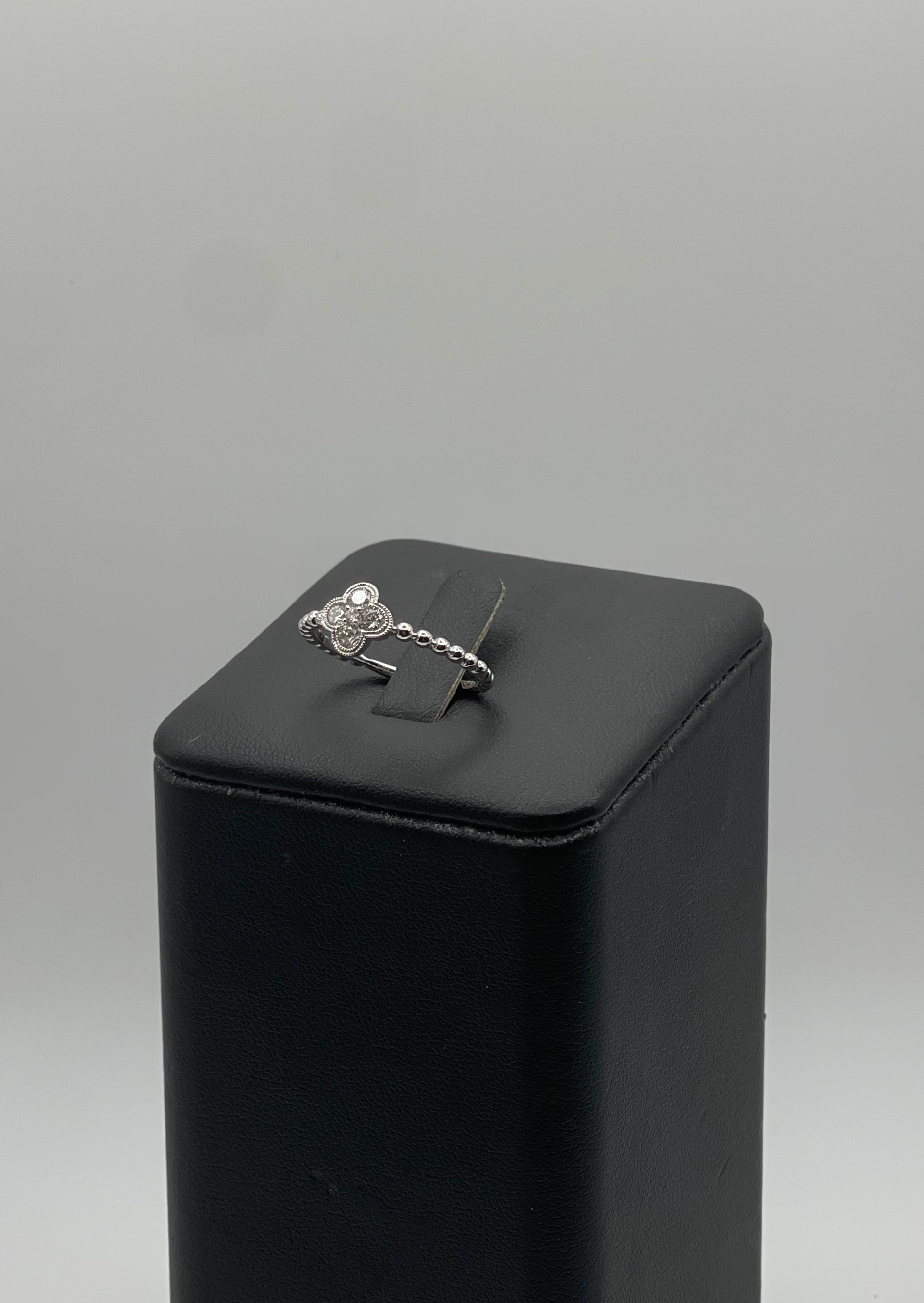 14k White Gold Diamond Quatrefoil Ring - Beaded Band Design with Intricate Detailing