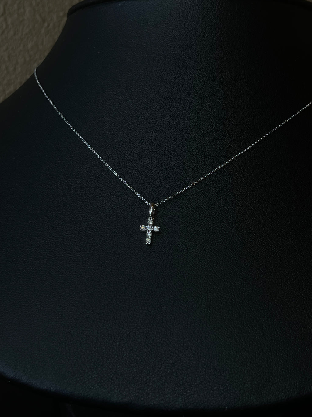Dainty Mini Diamond Cross Necklace in 14k White Gold
