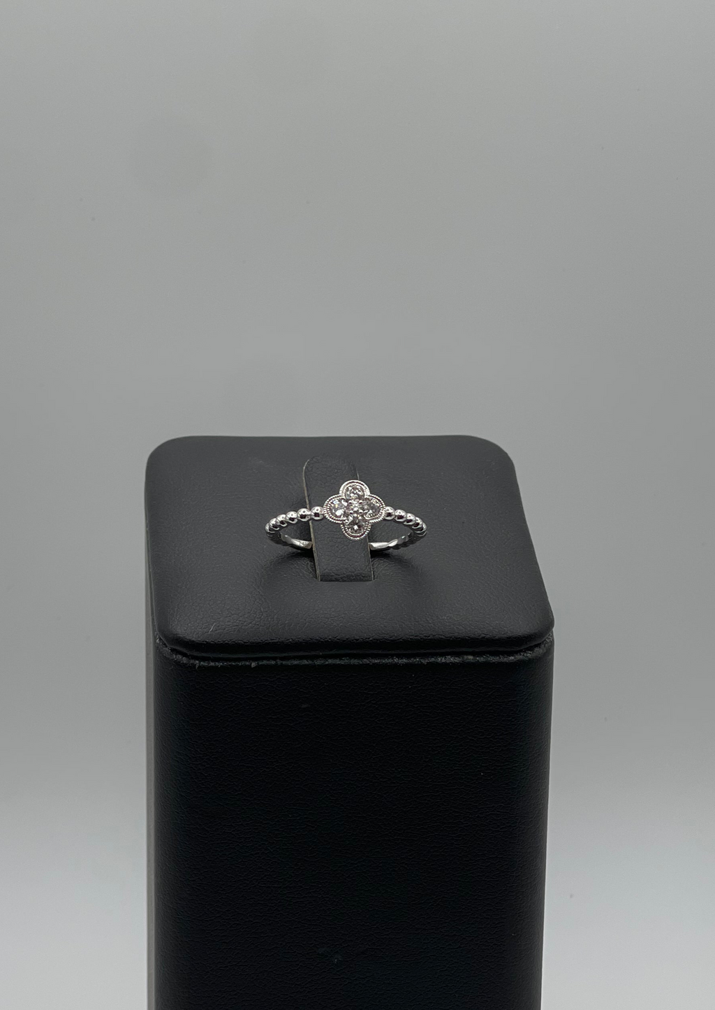14k White Gold Diamond Quatrefoil Ring - Beaded Band Design with Intricate Detailing