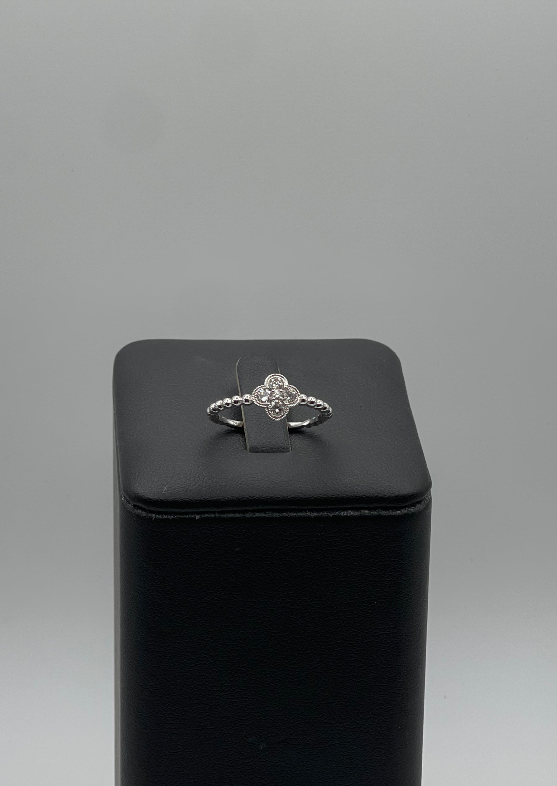14k White Gold Diamond Quatrefoil Ring - Beaded Band Design with Intricate Detailing
