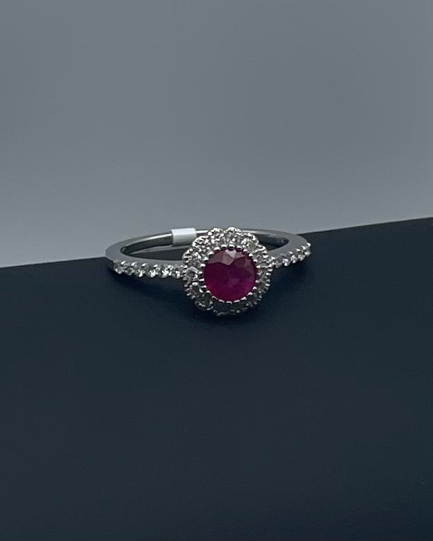 Luxurious 14k White Gold 0.75ct Round Ruby and 0.35ctw Diamond Halo Ring