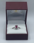 Exquisite 14k White Gold 0.75ct Emerald-Cut Ruby and 0.25ctw Diamond Halo Ring