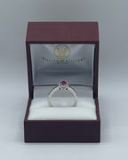 Exquisite 14k White Gold 0.75ct Emerald-Cut Ruby and 0.25ctw Diamond Halo Ring