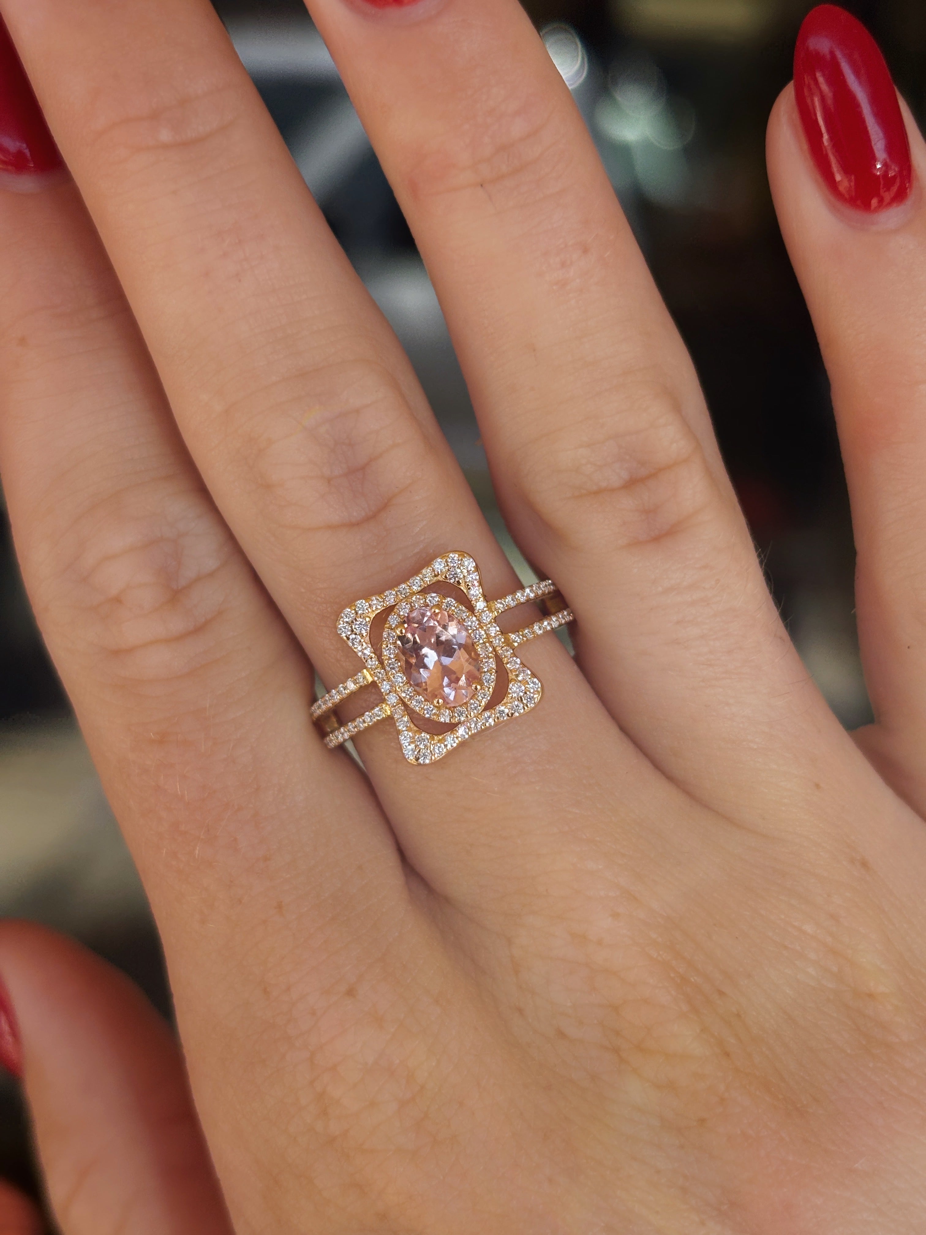 18K Yellow Gold Morganite and Diamond Double Band Halo Ring