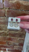 Load and play video in Gallery viewer, 10k Yellow Gold Garnet, Moonstone, and Diamond Dangle Earrings
