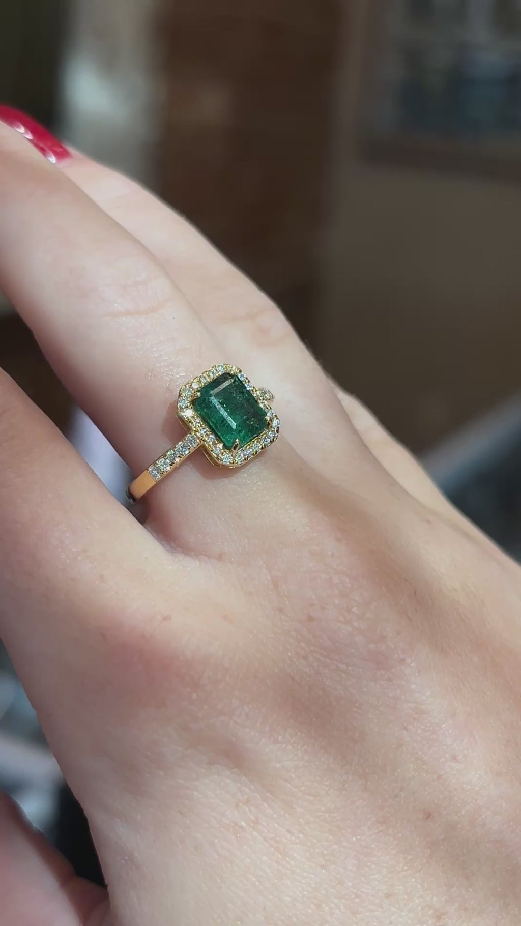 18K Yellow Gold Emerald and Diamond Halo Ring