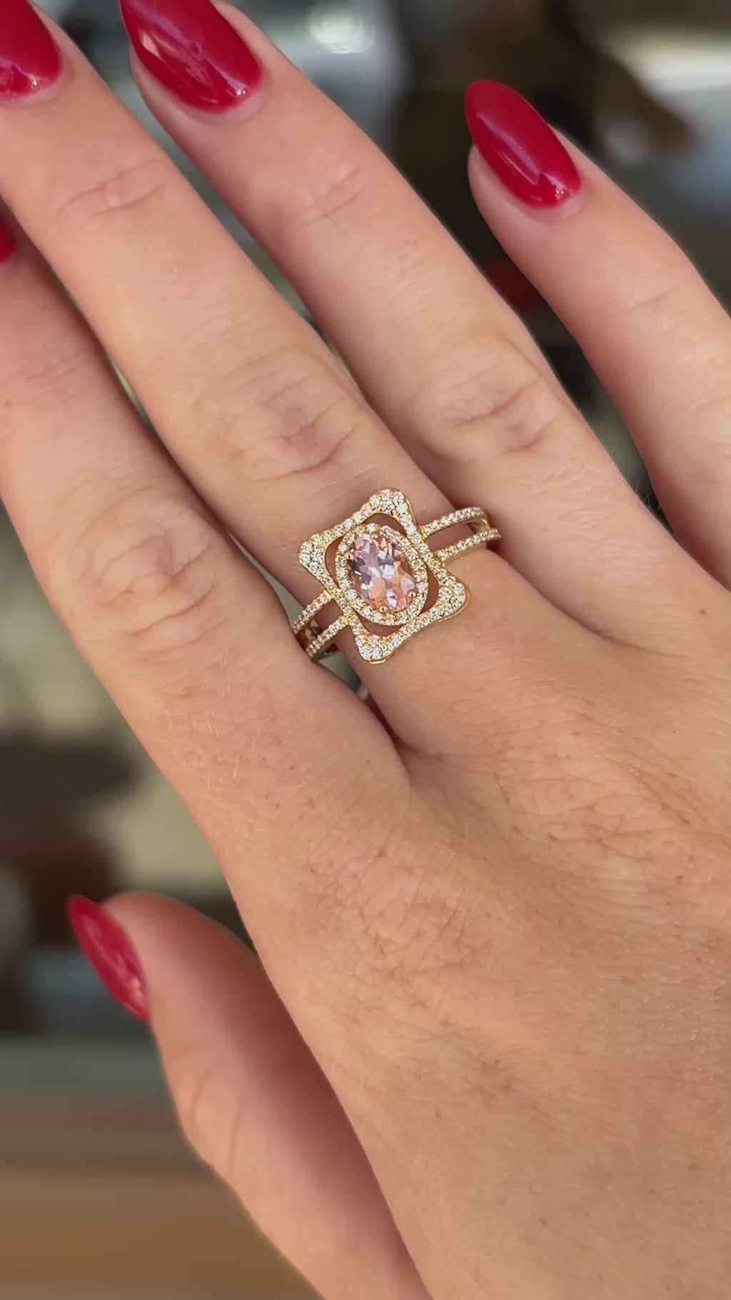 18K Yellow Gold Morganite and Diamond Double Band Halo Ring