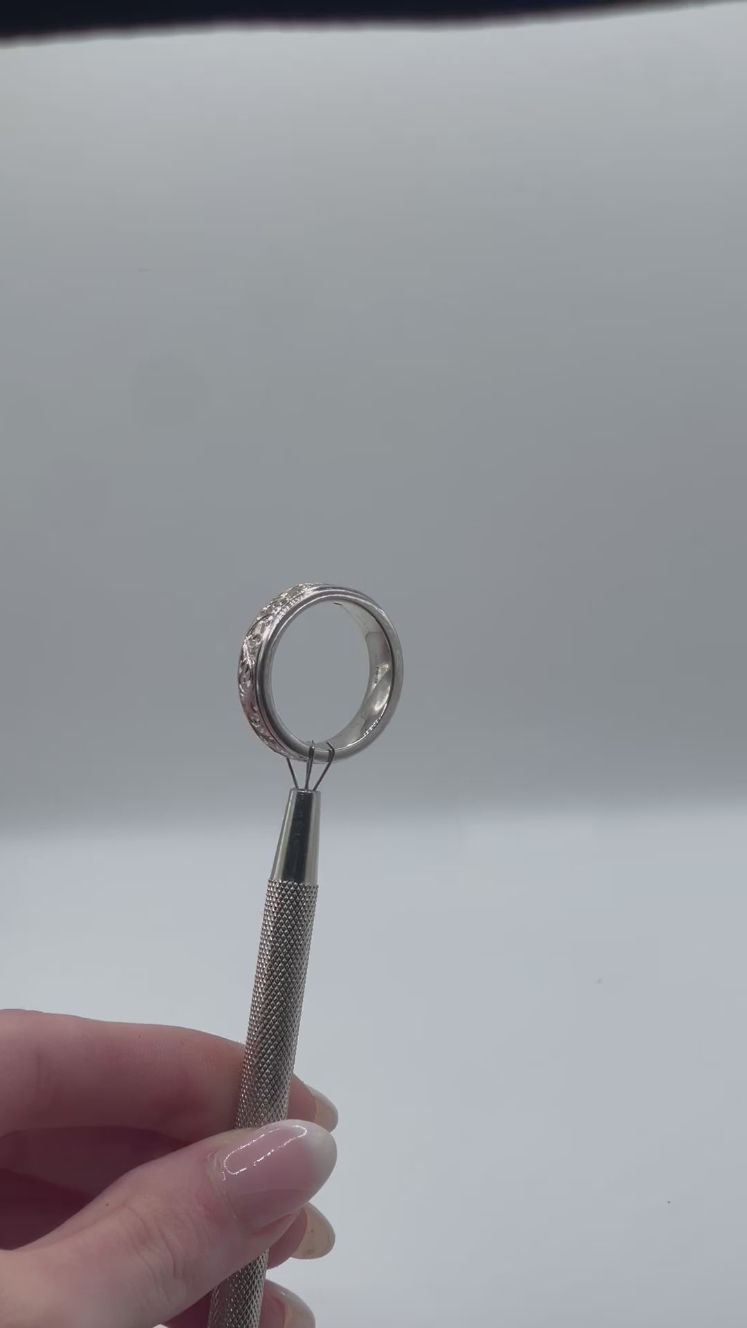 Hand Engraved Scroll Pattern Men's Diamond Ring/Wedding Band in 14k White Gold