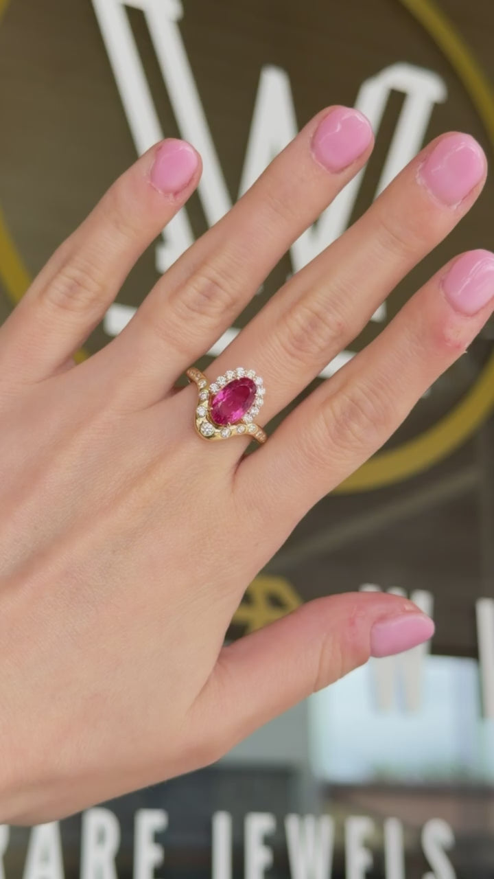 18K Yellow Gold Oval Pink Tourmaline & Diamond Halo Ring