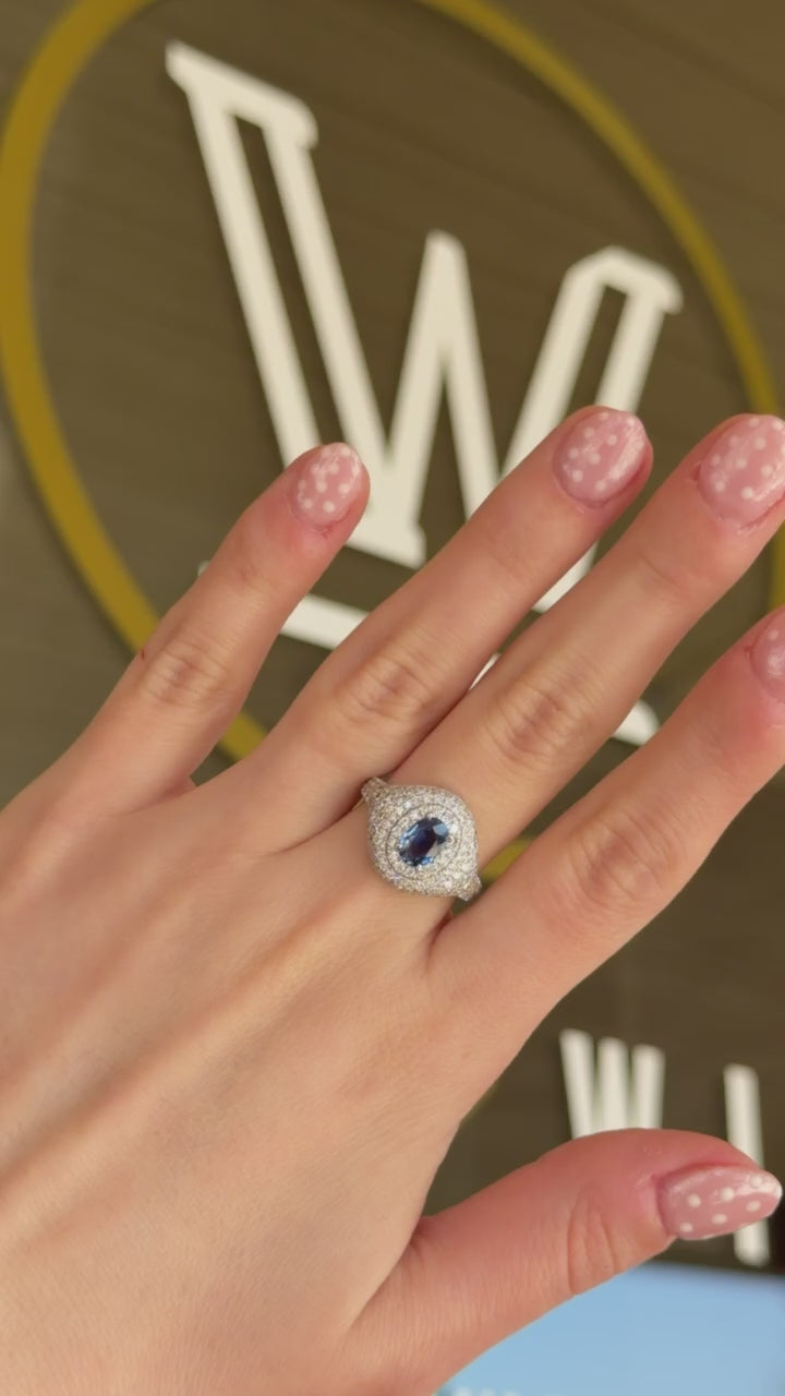 Platinum Oval Sapphire & Diamond Pavé Halo Ring