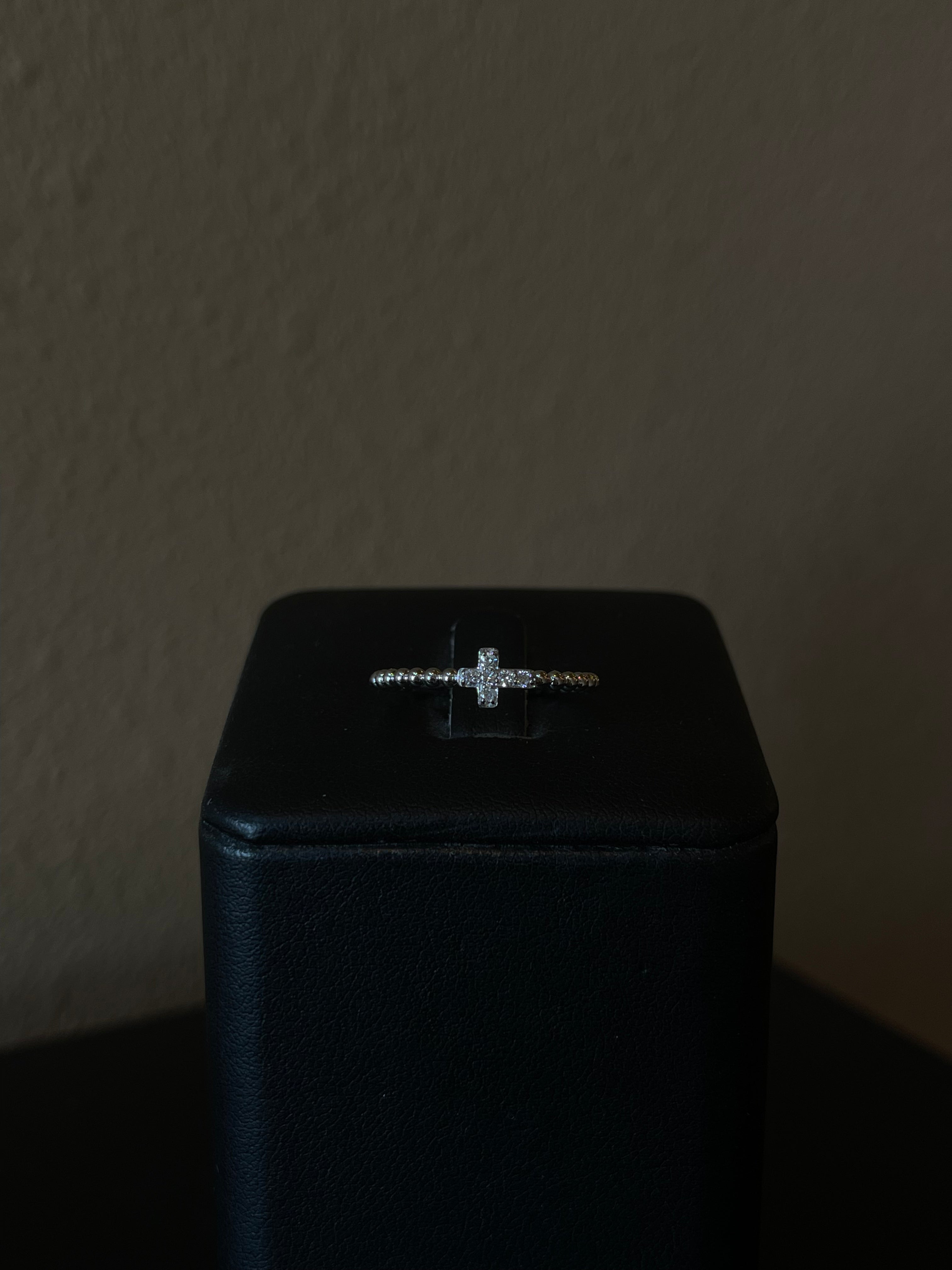14k White Gold Diamond Beaded Cross Ring - Elegant Faith-Inspired Jewelry
