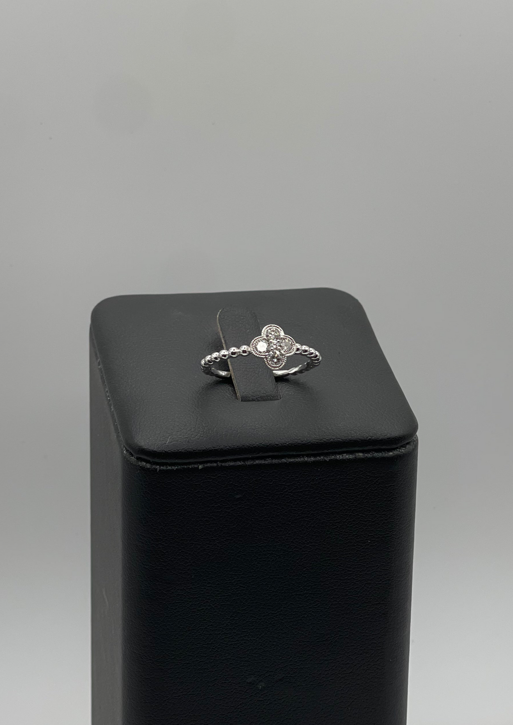 14k White Gold Diamond Quatrefoil Ring - Beaded Band Design with Intricate Detailing