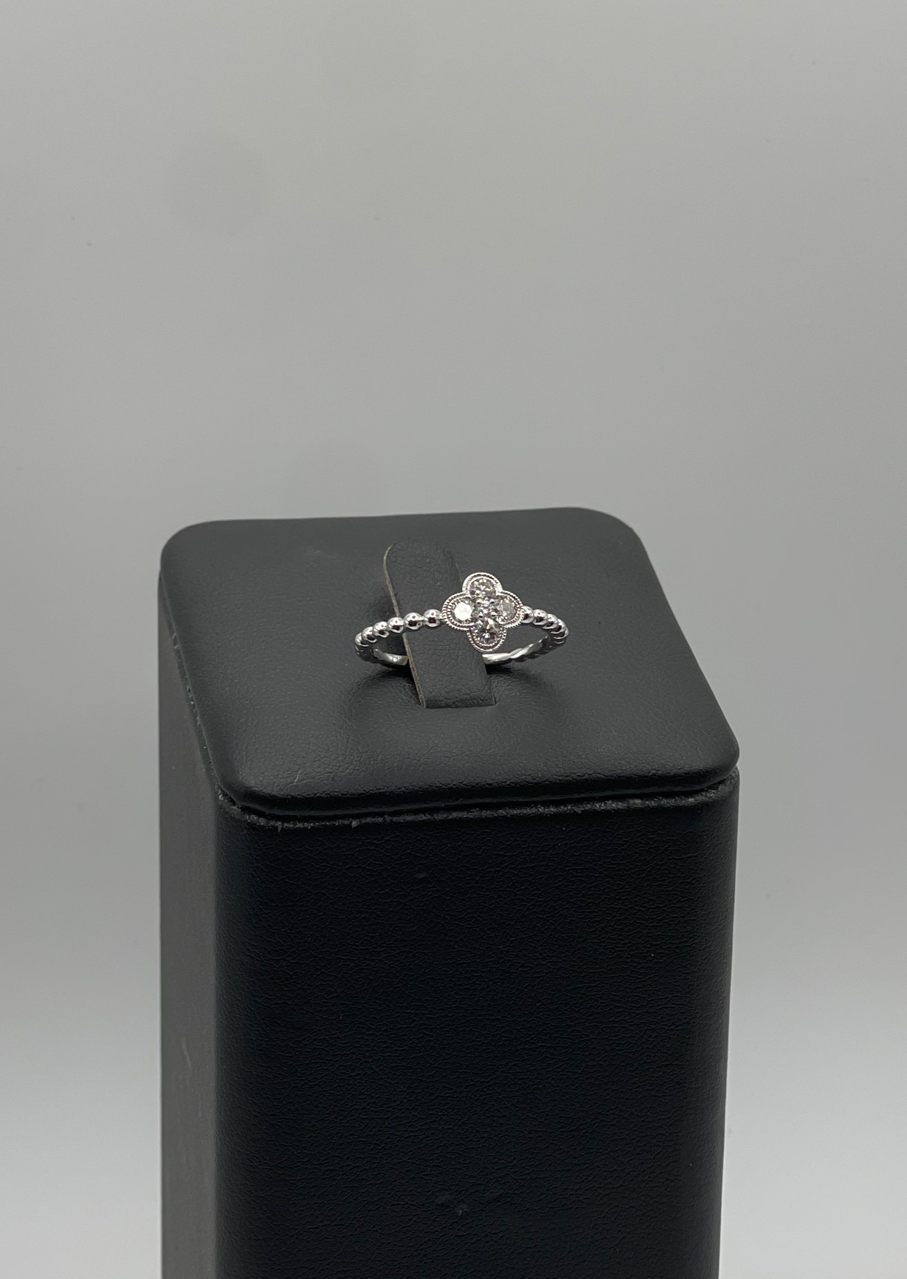 14k White Gold Diamond Quatrefoil Ring - Beaded Band Design with Intricate Detailing