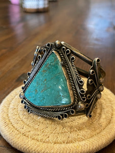 Vintage 1970s Triangle Turquoise Stone Sterling Silver Cuff Bracelet