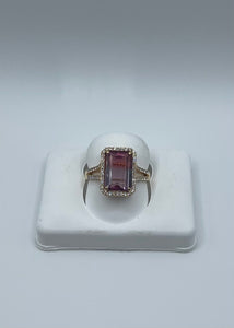 18k Yellow Gold Pink and Lavender Bi-Color Tourmaline & Diamond Ring, Size 7