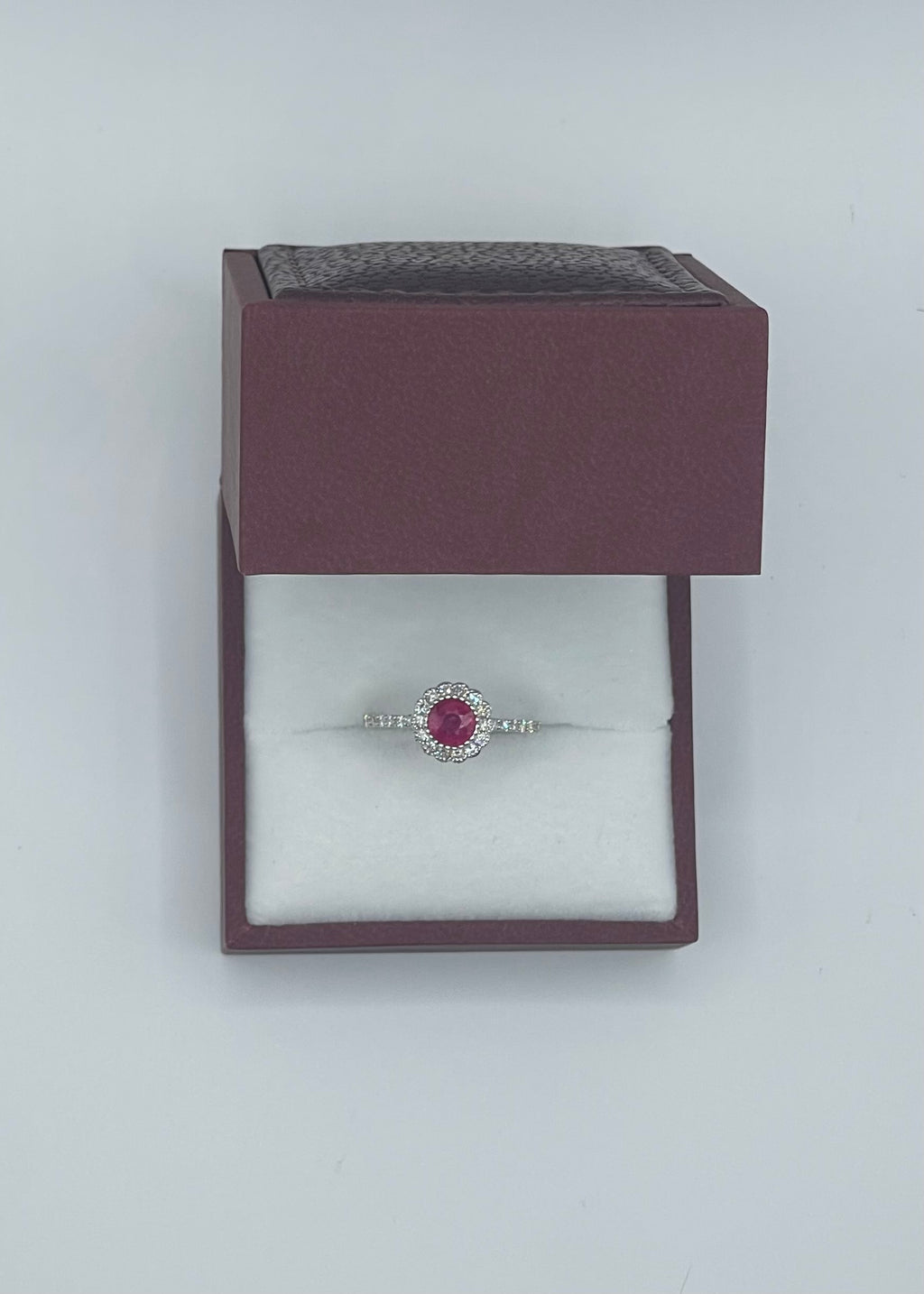 Luxurious 14k White Gold 0.75ct Round Ruby and 0.35ctw Diamond Halo Ring