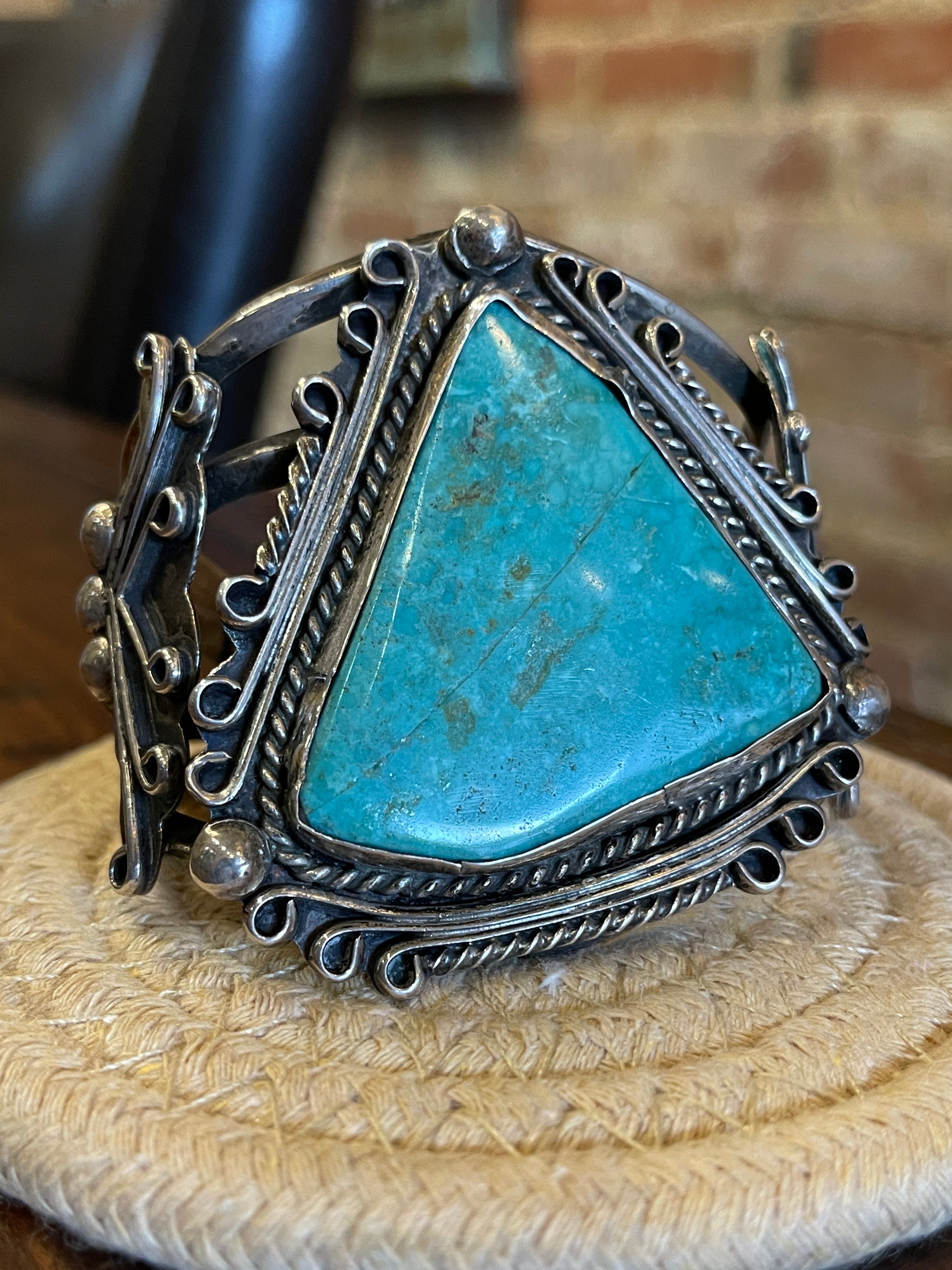 Vintage Native Handmade Blue Turquoise Rope Sterling Silver top Cuff Bracelet