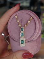 18K Yellow Gold Emerald Drop Halo Necklace