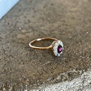 Women's 14K Rose Gold Tourmaline Ring Surrounded by a halo or Seed Pearls for a Vintage inspired look
