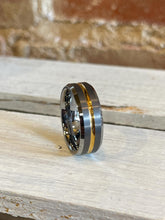 Load image into Gallery viewer, Mens-Silver-tungsten-ring-with-thin-yellow-line-comfort-fit-satin-finish-beveled-edge

