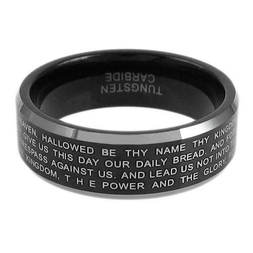 black-tungsten-ring-with-laser-engraved-lords-prayer-in-silver-wholesale-tungsten-rings-wedding-bands