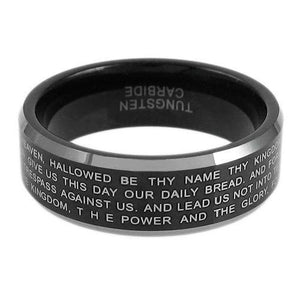 black-tungsten-ring-with-laser-engraved-lords-prayer-in-silver-wholesale-tungsten-rings-wedding-bands
