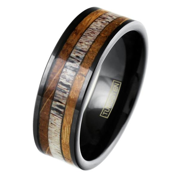 polished-black-tungsten-carbide-flat-band-ring-with-deer-antler-and-whiskey-barrel-oak-wood-inlays-tungsten-rings-wedding-bands-