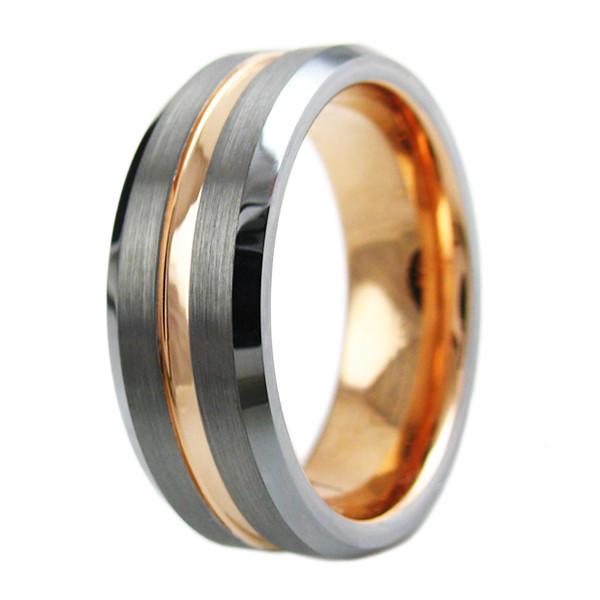 two-tone-tungsten-ring-with-rose-gold-inner-band-brushed-finish-outer-band-recessed-rose-gold-stripe-beveled-edges-tungsten-rings-wedding-bands